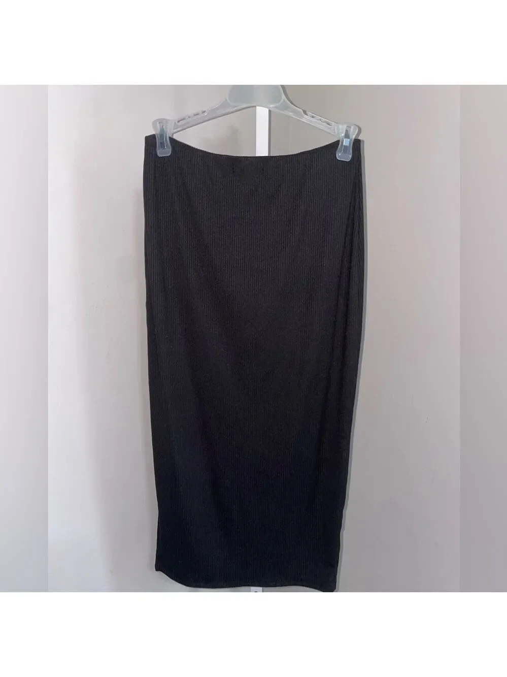 Ninexis Black Ribbed Knit Midi Skirt M High Slit Bodycon Stretch Edgy